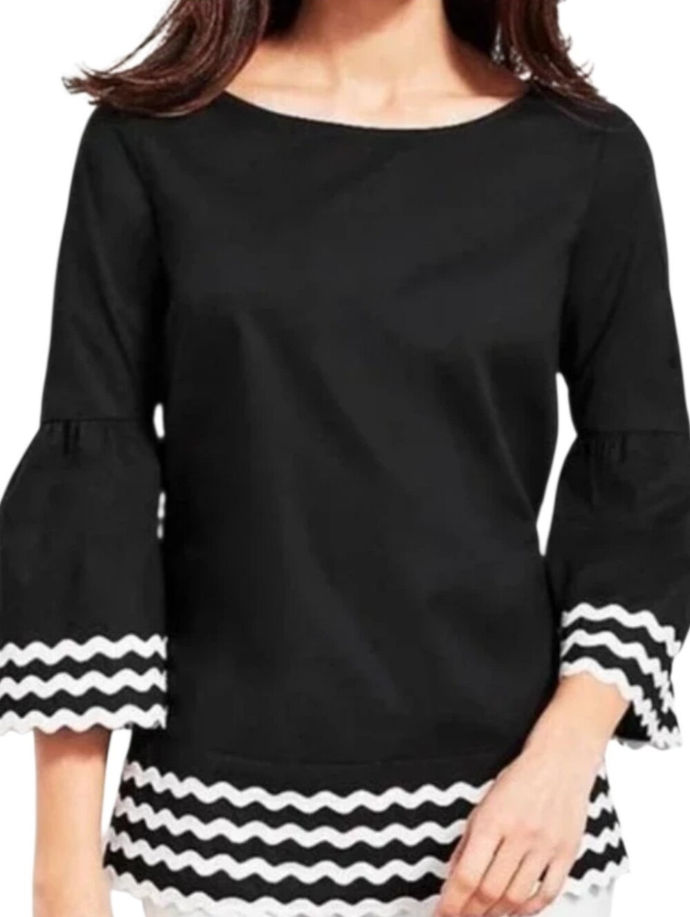 talbots womens black white rickrack trim bell sleeve top cotton blouse size l